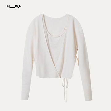 White wool tie-detail two-piece knit set