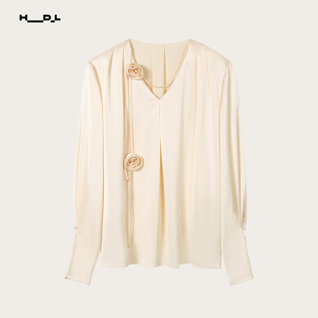 Pale Yellow rose-detail textured satin blouse