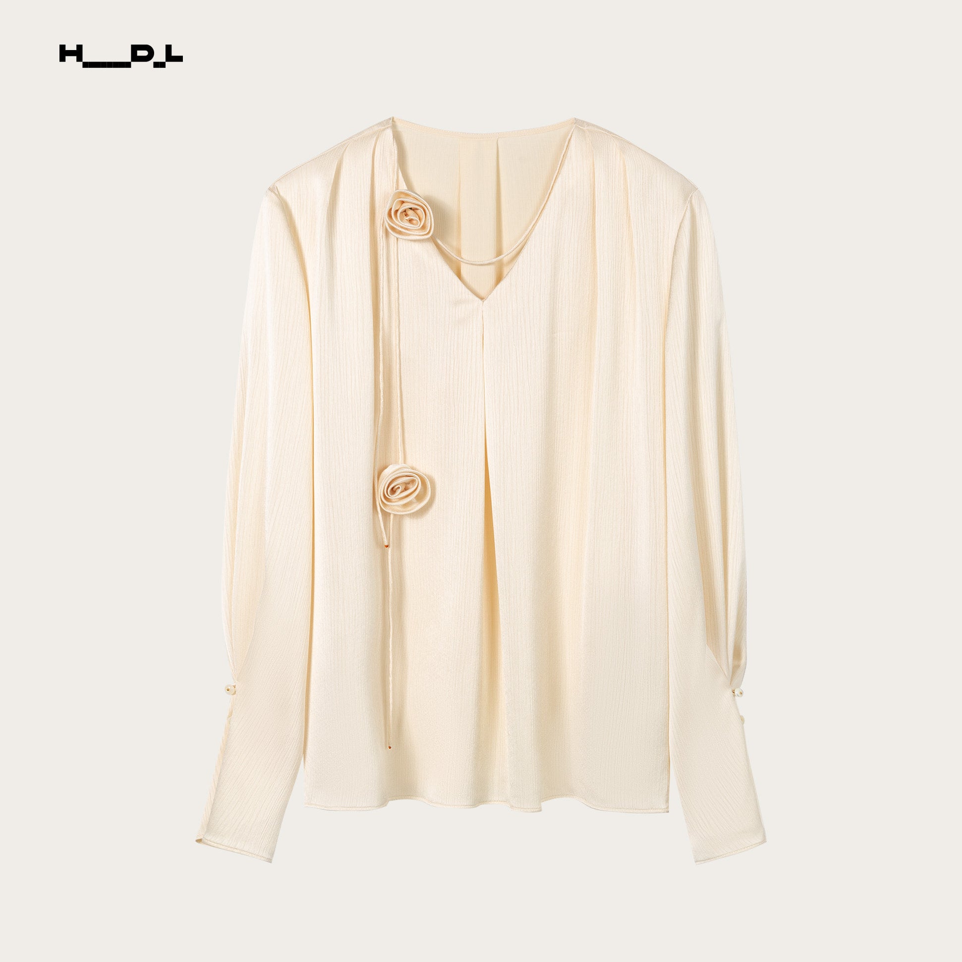 Pale Yellow rose-detail textured satin blouse
