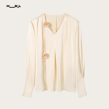 Pale Yellow rose-detail textured satin blouse