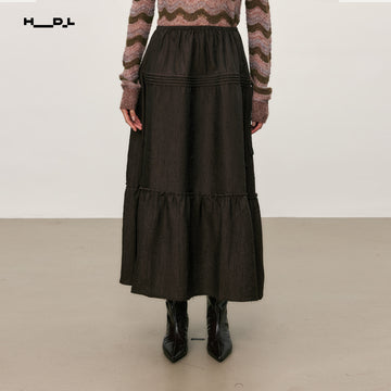 Mocha Brown textured drawstring pleated a-line skirt