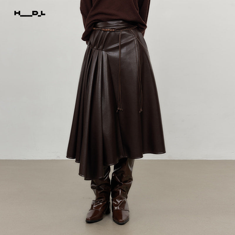 Dark Brown asymmetric pleated faux-leather a-line skirt