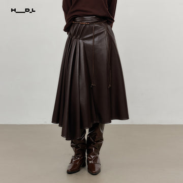 Dark Brown asymmetric pleated faux-leather a-line skirt