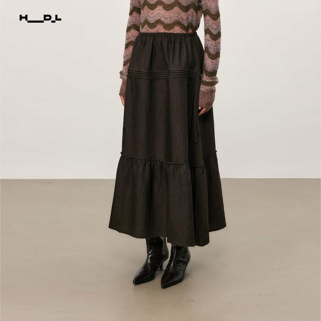 Mocha Brown textured drawstring pleated a-line skirt