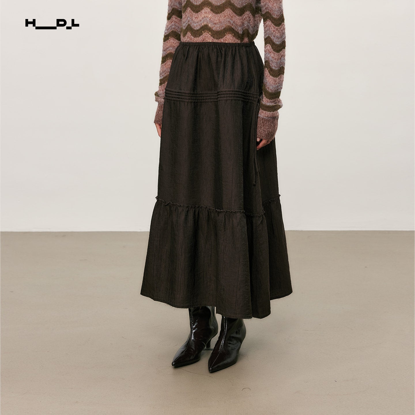 Mocha Brown textured drawstring pleated a-line skirt