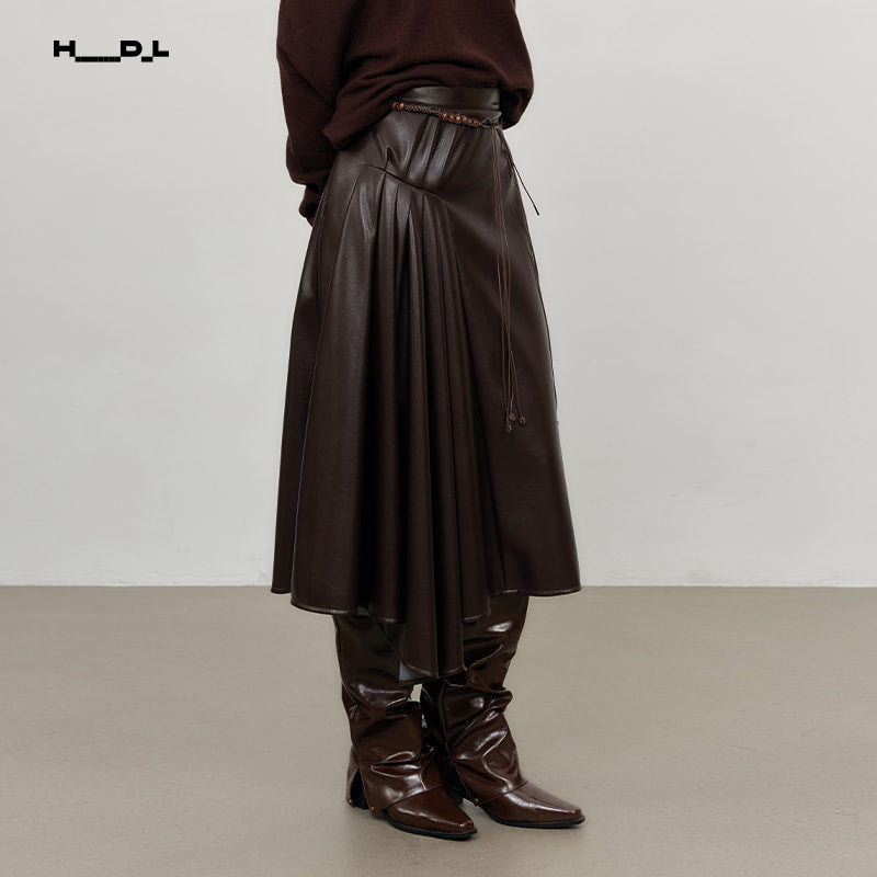 Dark Brown asymmetric pleated faux-leather a-line skirt