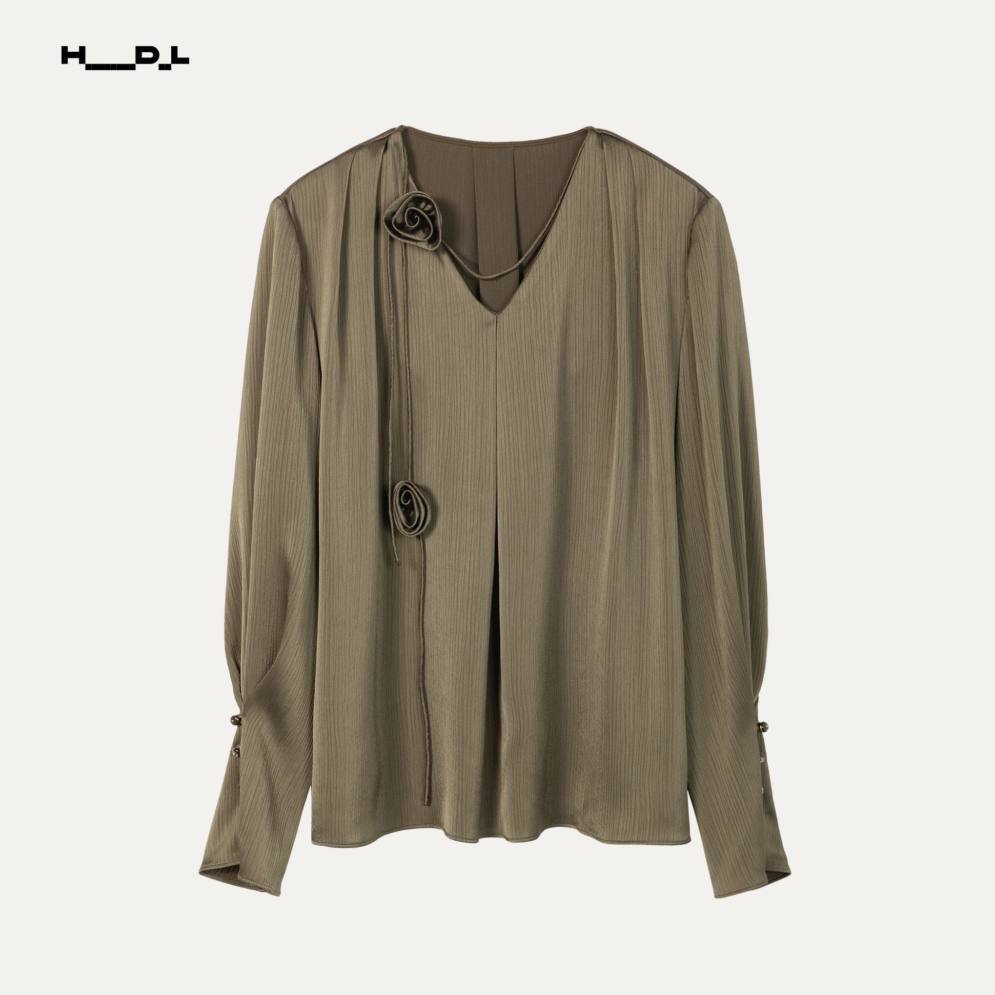 Pale Yellow rose-detail textured satin blouse