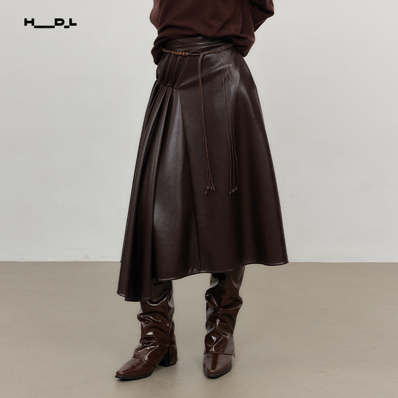 Dark Brown asymmetric pleated faux-leather a-line skirt