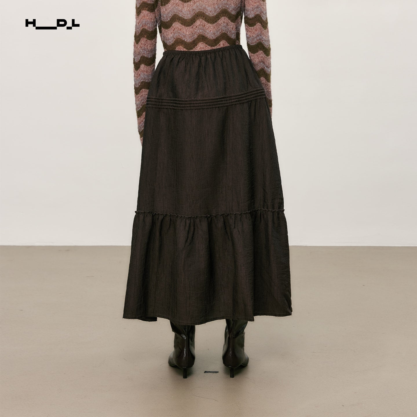 Mocha Brown textured drawstring pleated a-line skirt
