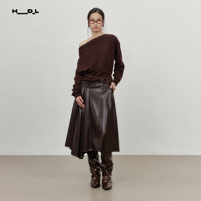 Dark Brown asymmetric pleated faux-leather a-line skirt
