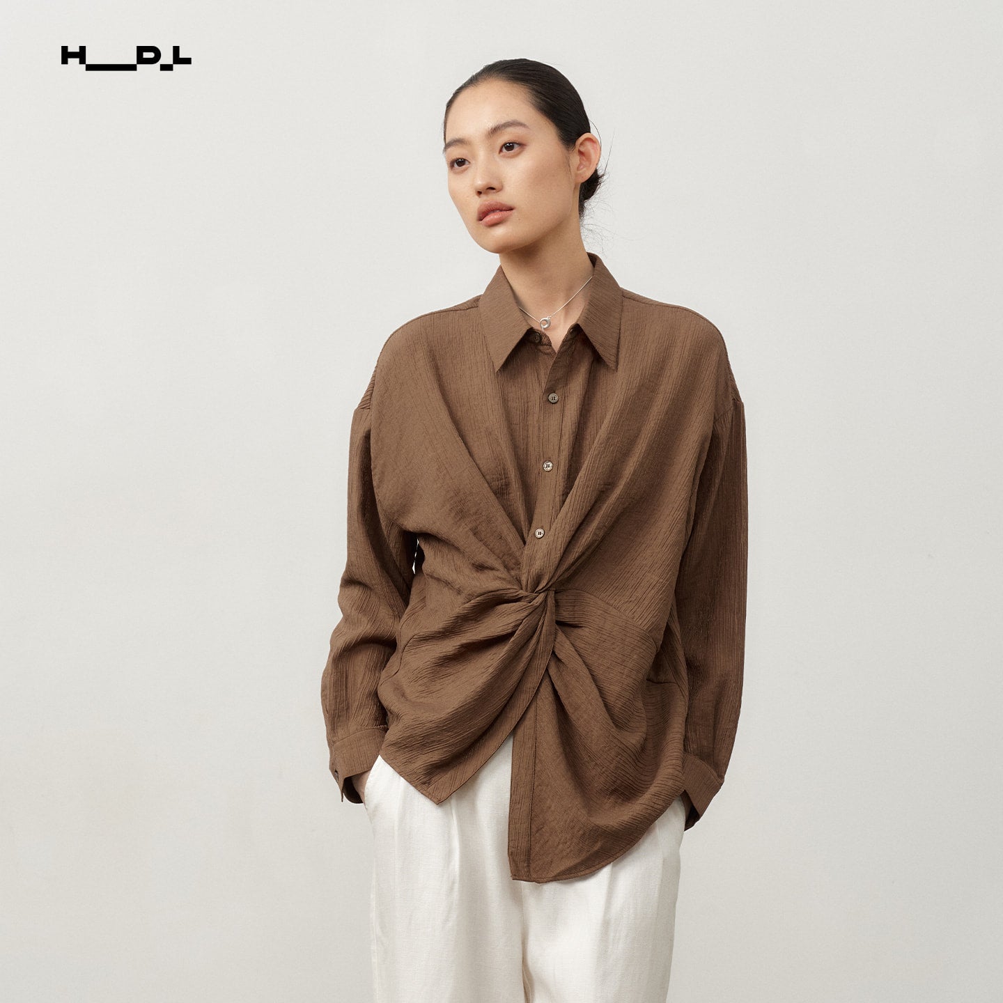 Vintage Brown twist-waist lyocell blend blouse