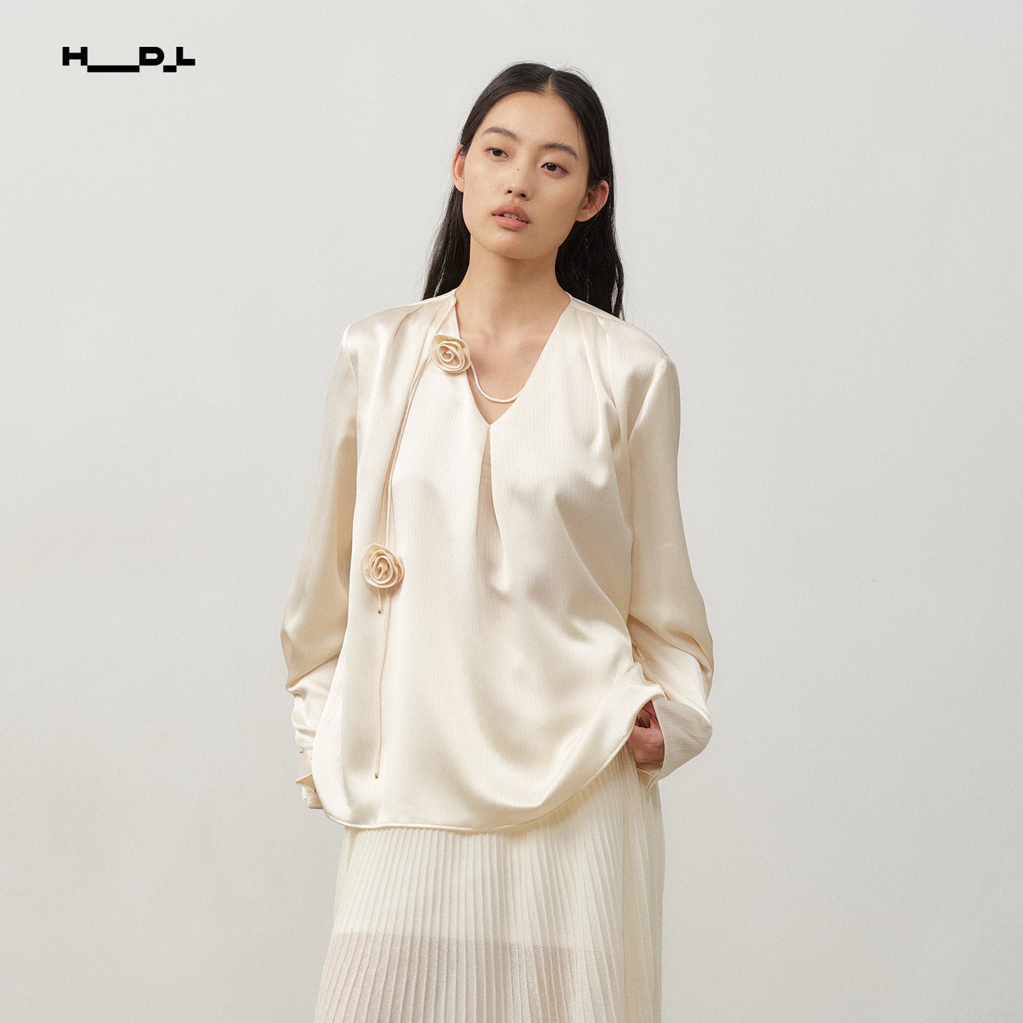 Pale Yellow rose-detail textured satin blouse