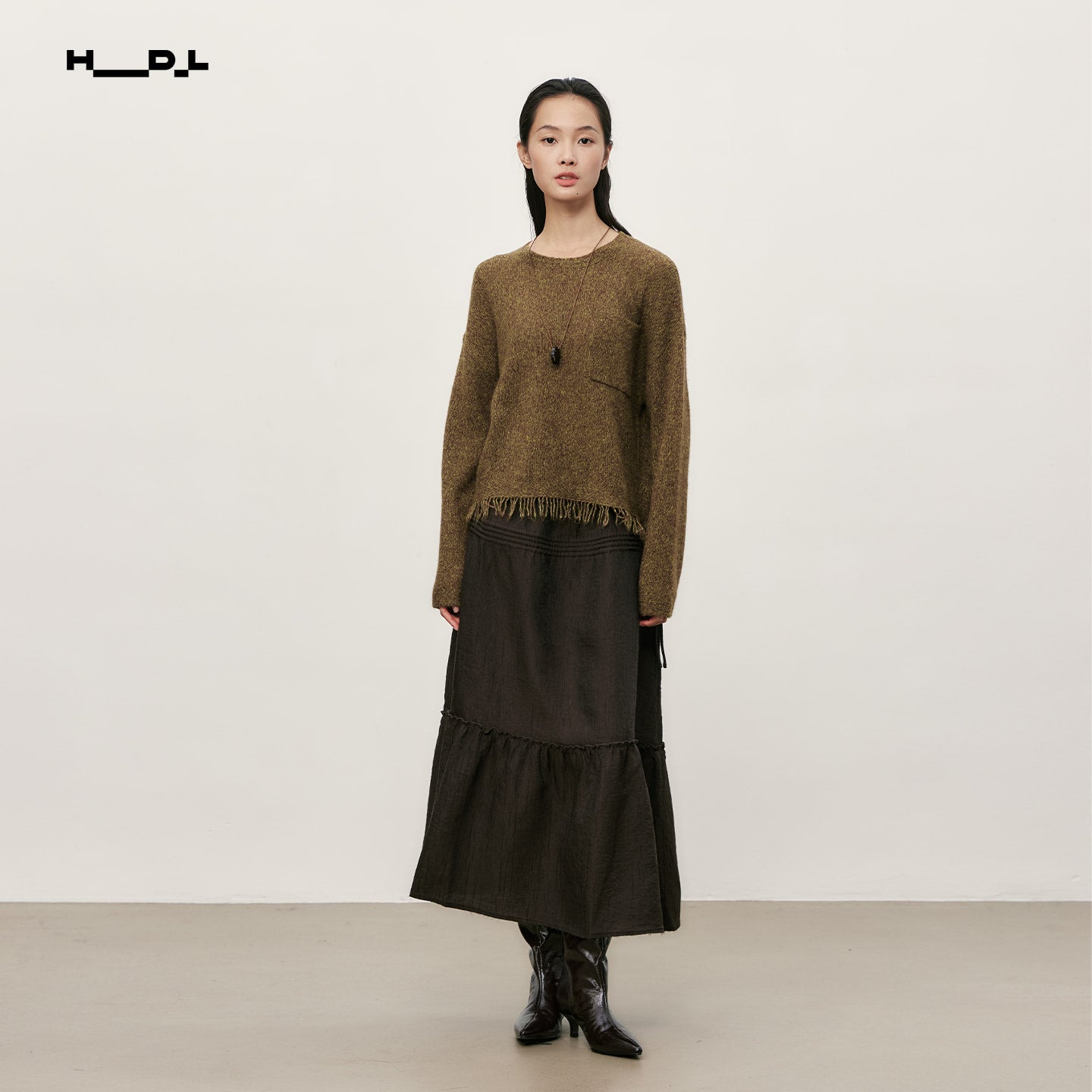 Mocha Brown textured drawstring pleated a-line skirt
