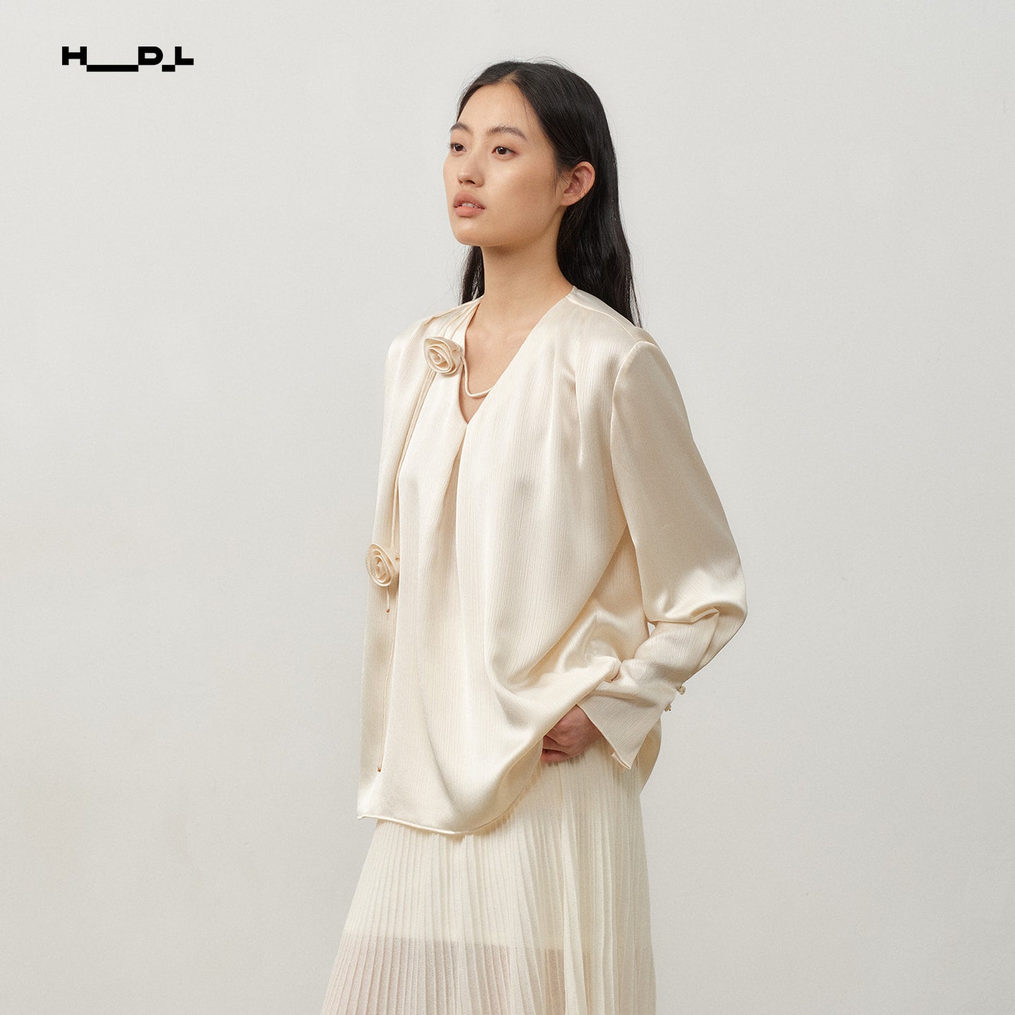 Pale Yellow rose-detail textured satin blouse
