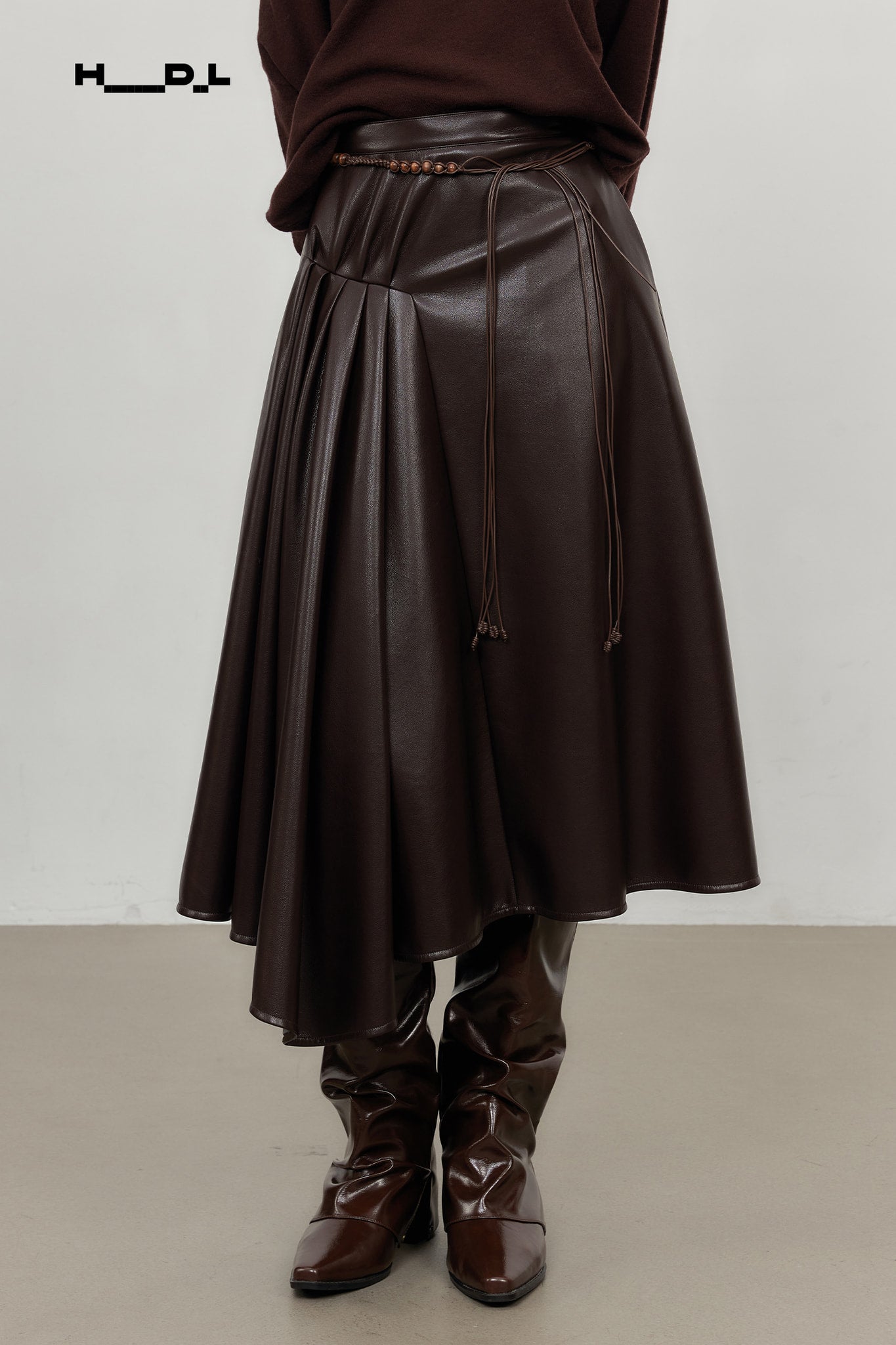 Dark Brown asymmetric pleated faux-leather a-line skirt