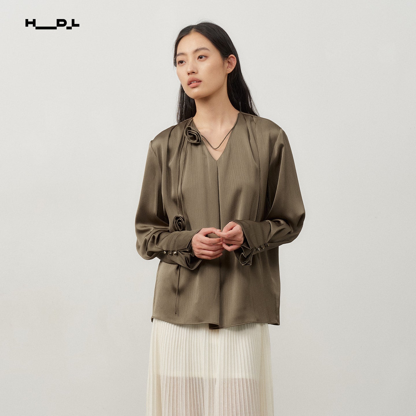 Pale Yellow rose-detail textured satin blouse