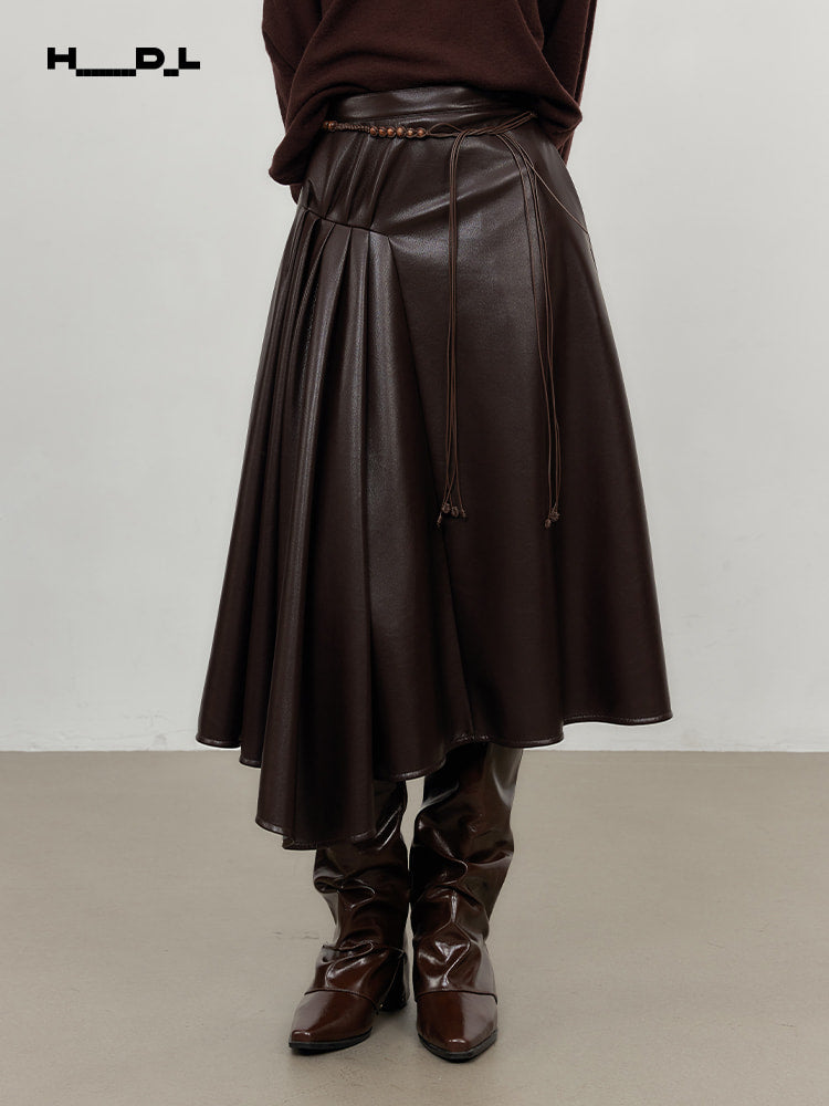 Dark Brown asymmetric pleated faux-leather a-line skirt