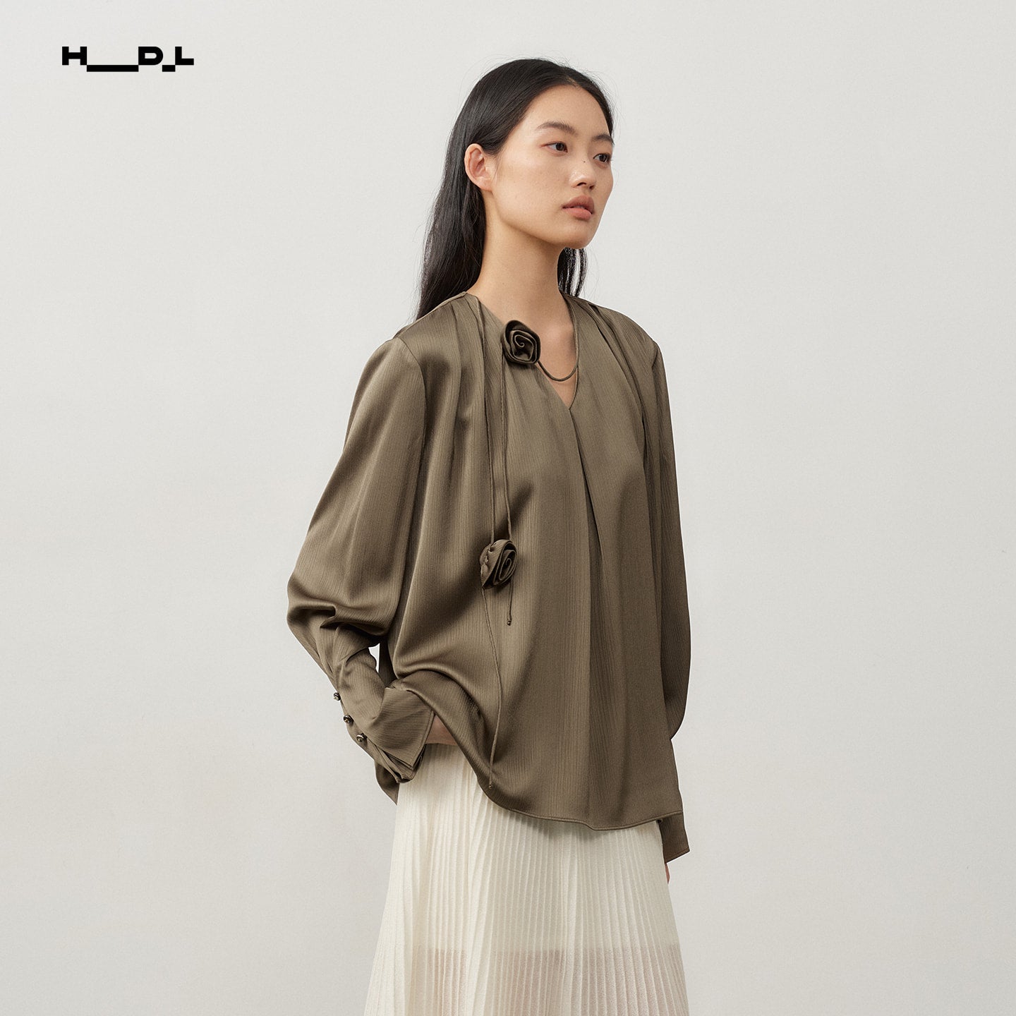 Pale Yellow rose-detail textured satin blouse