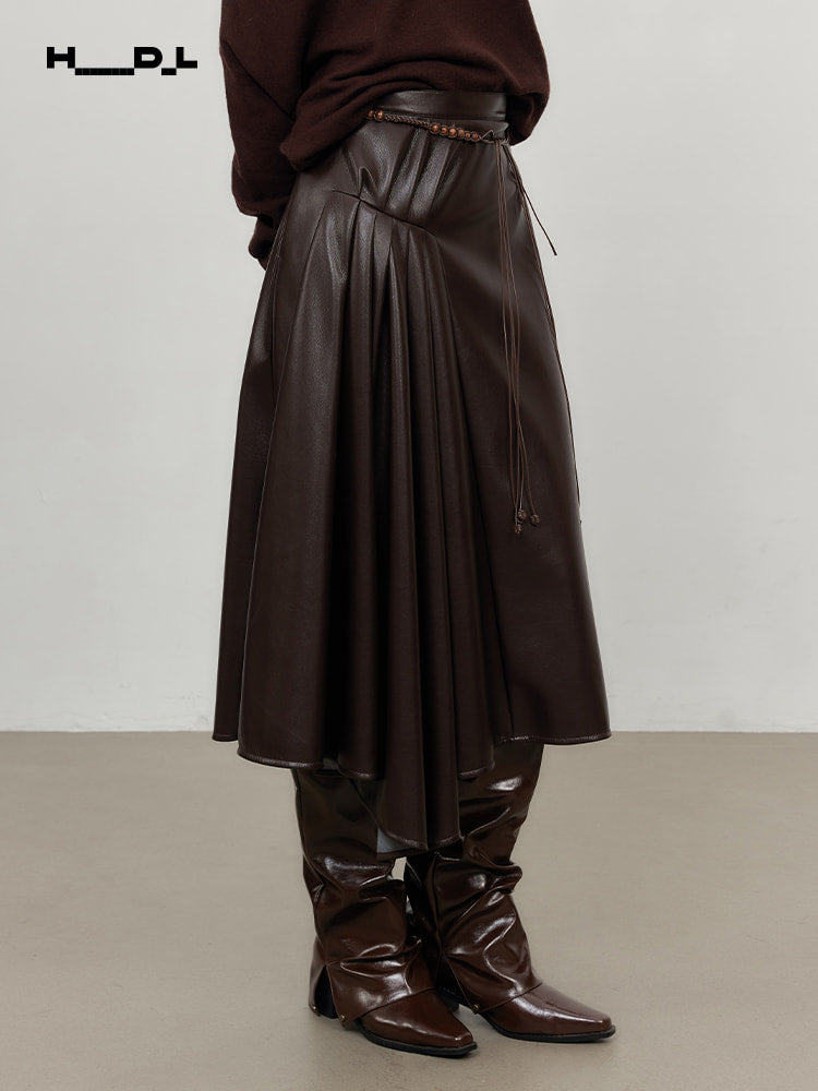 Dark Brown asymmetric pleated faux-leather a-line skirt