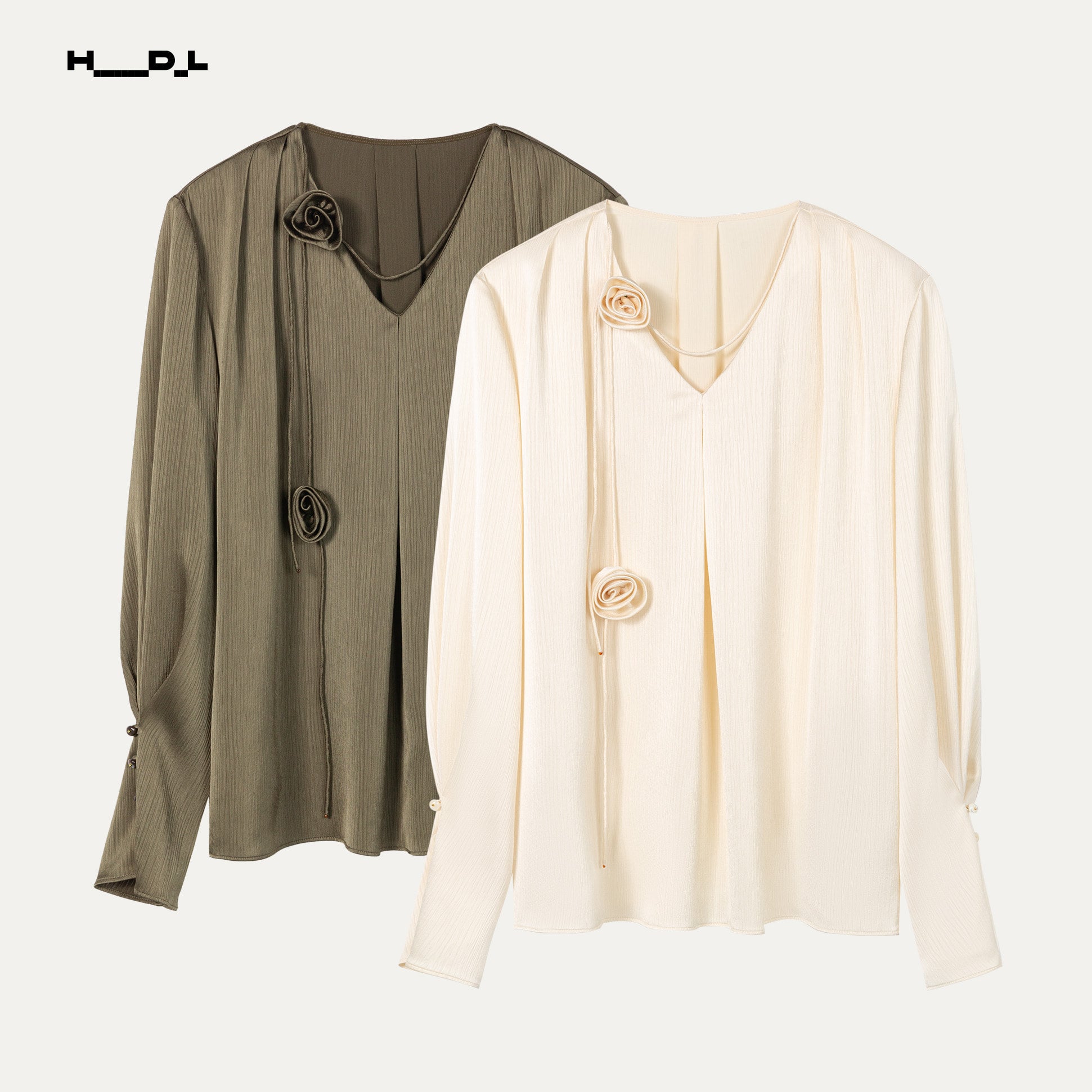 Pale Yellow rose-detail textured satin blouse