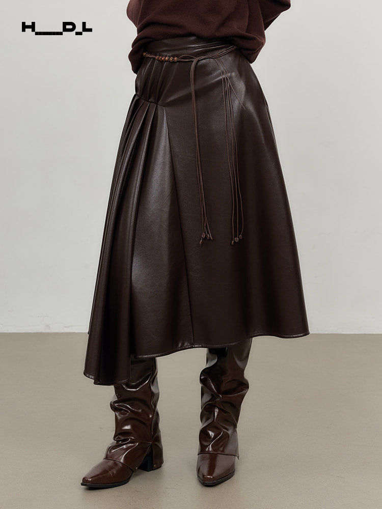 Dark Brown asymmetric pleated faux-leather a-line skirt