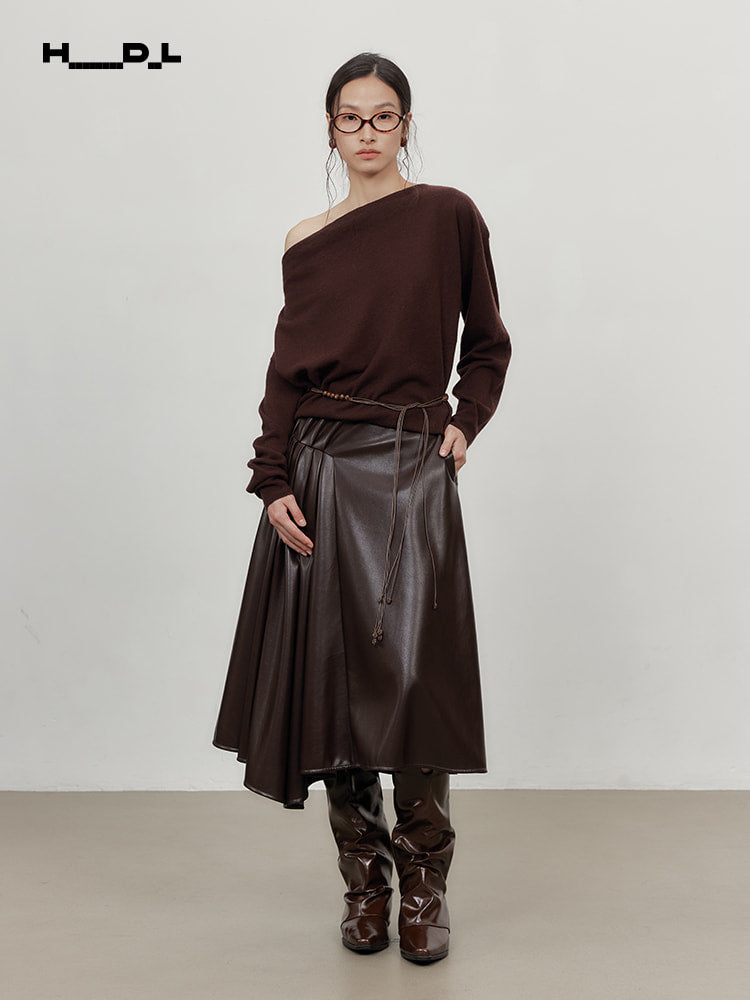 Dark Brown asymmetric pleated faux-leather a-line skirt