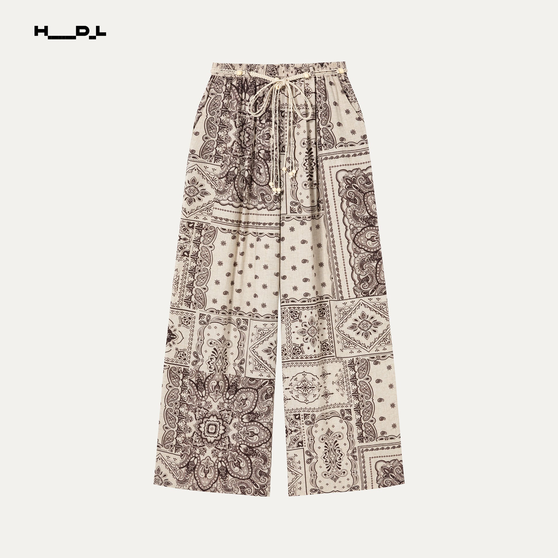 Loose Cotton-Linen Drawstring Print Pants
