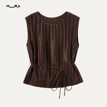 Brown Pleated Sleeveless Tank Blouse