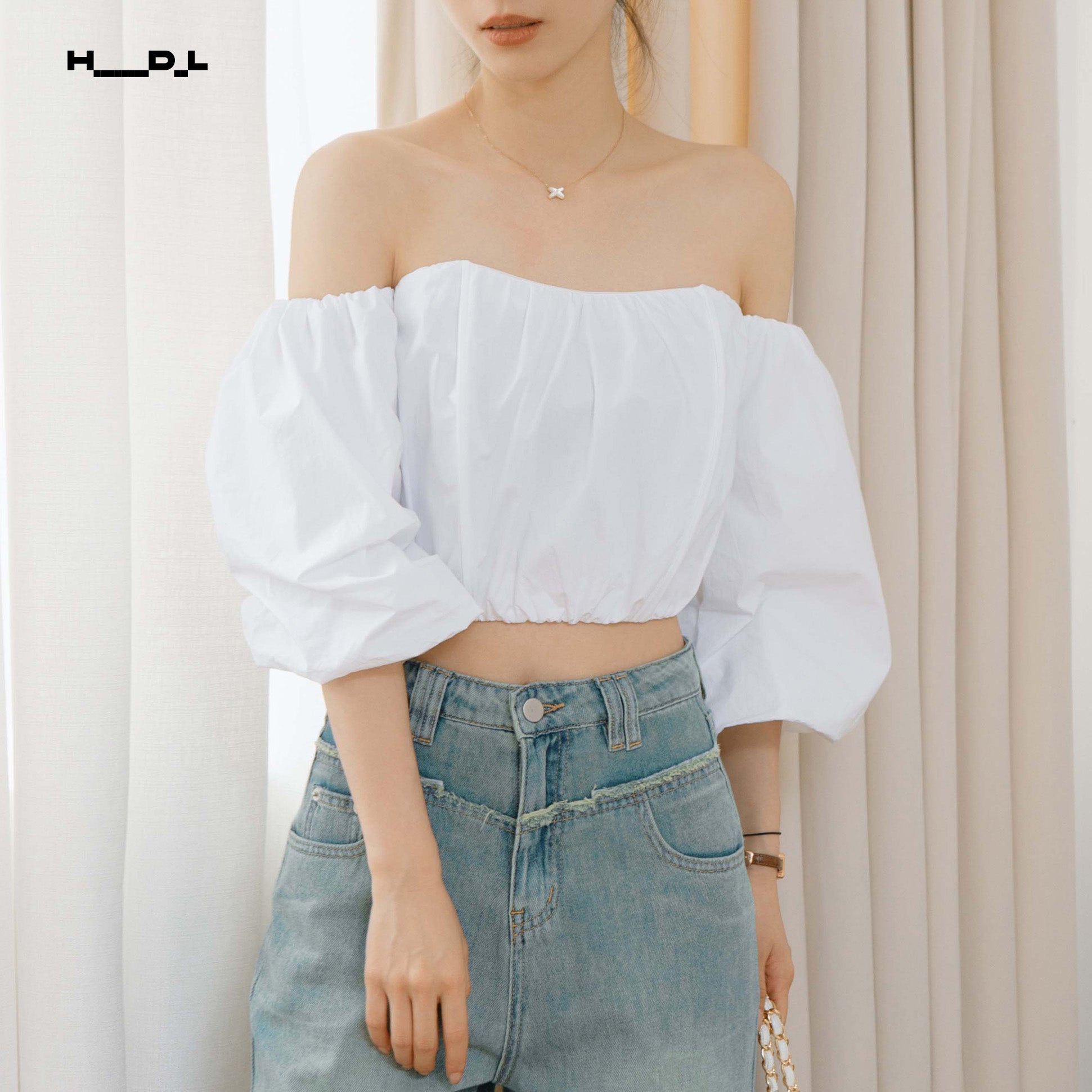One-Shoulder Gathered Cropped Shirt