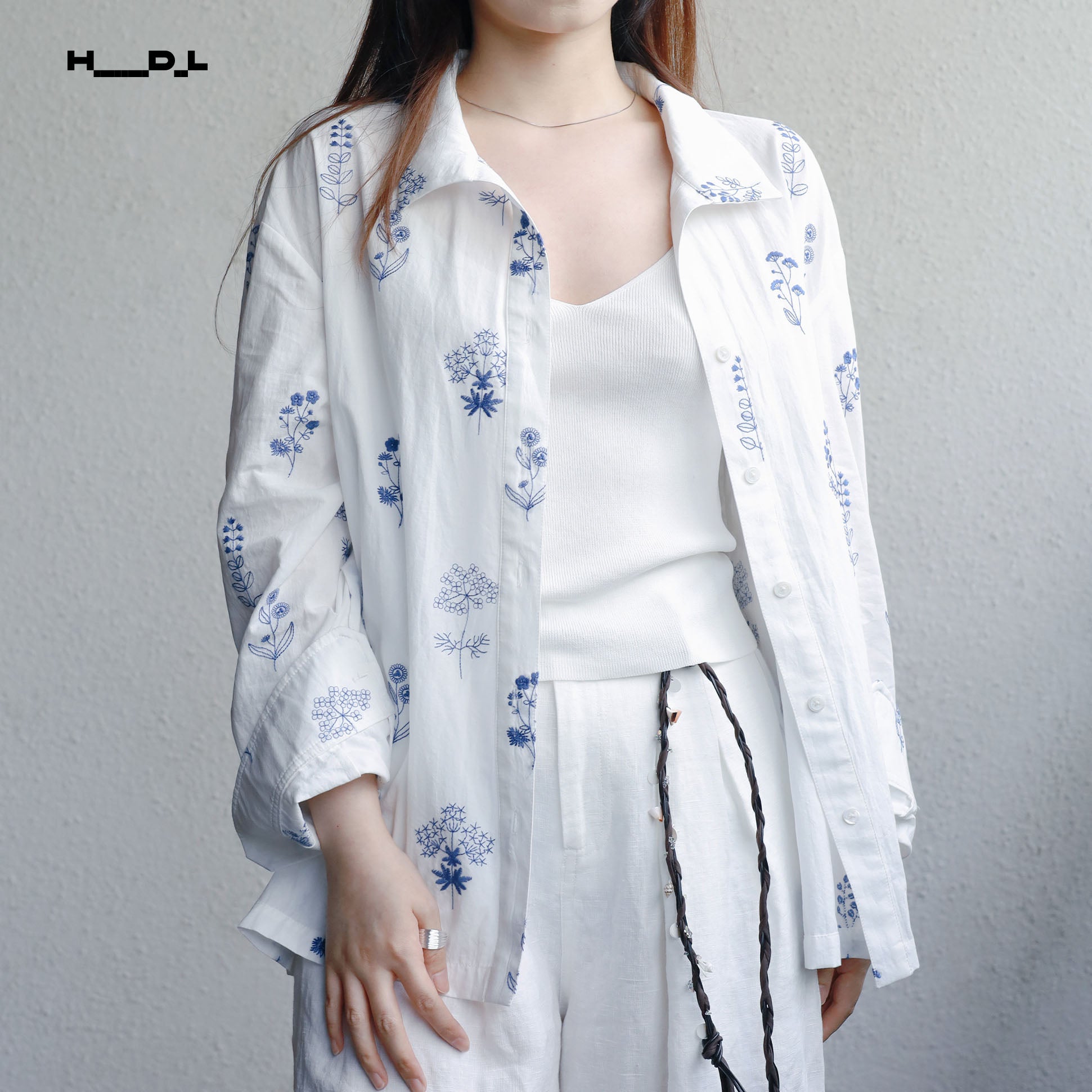 White Base Blue Floral Long Sleeve Shirt