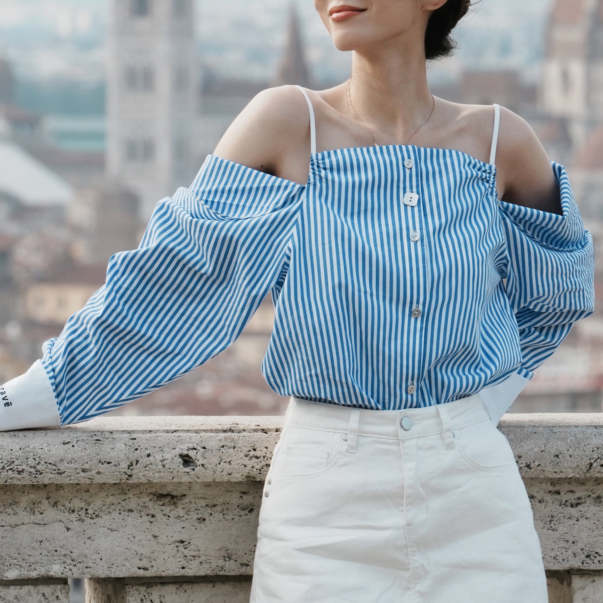 Blue-White Stripe Halter Shoulder Shirt