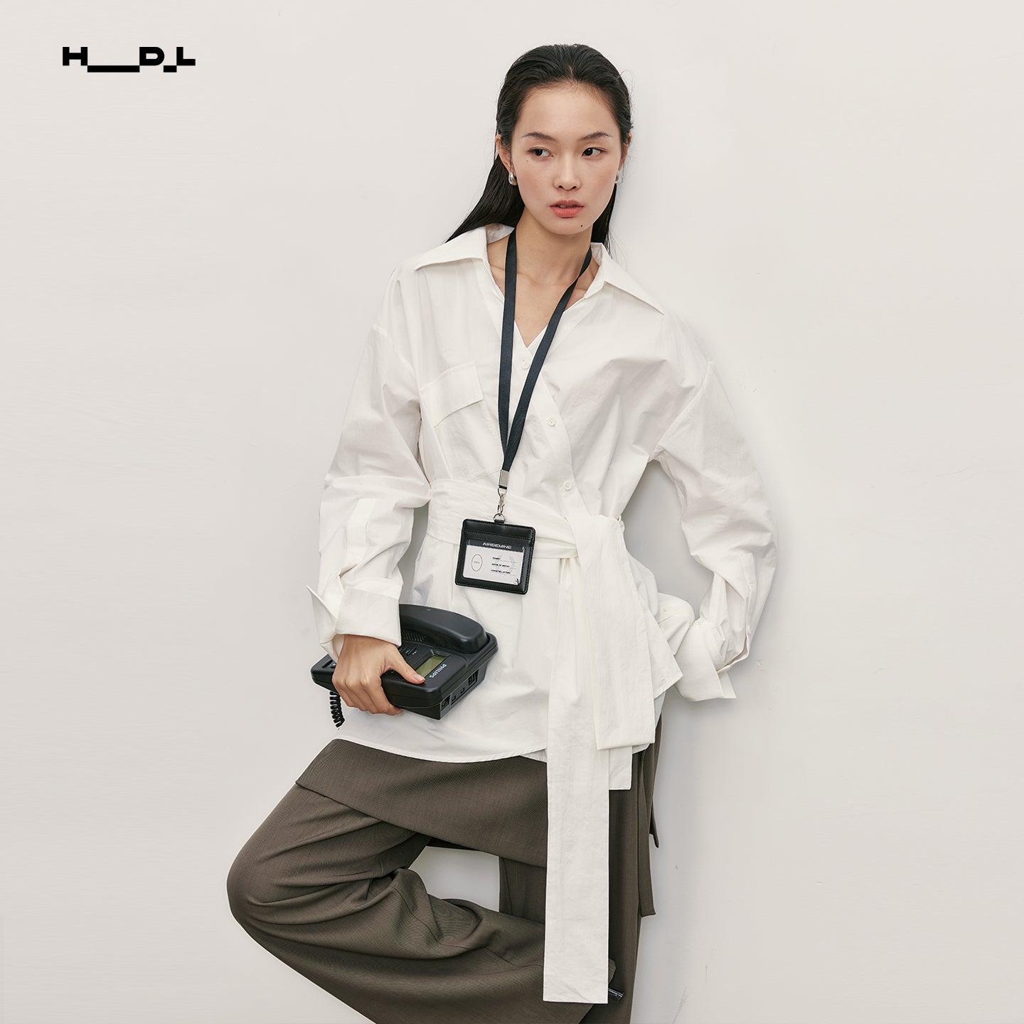 Asymmetric Placket Tie Belt White Shirt