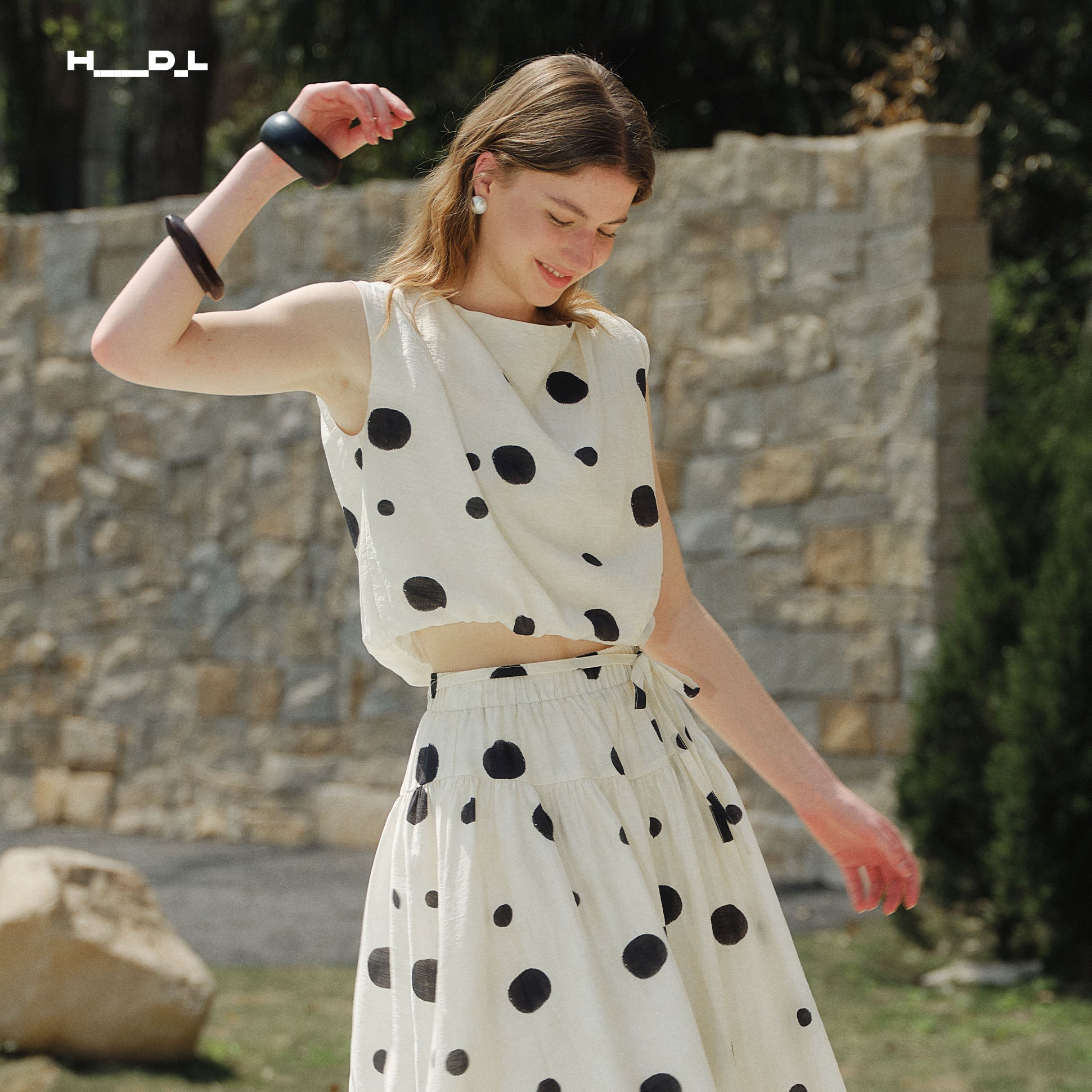 French Artistic Polka Dot Linen-Feel Blouse