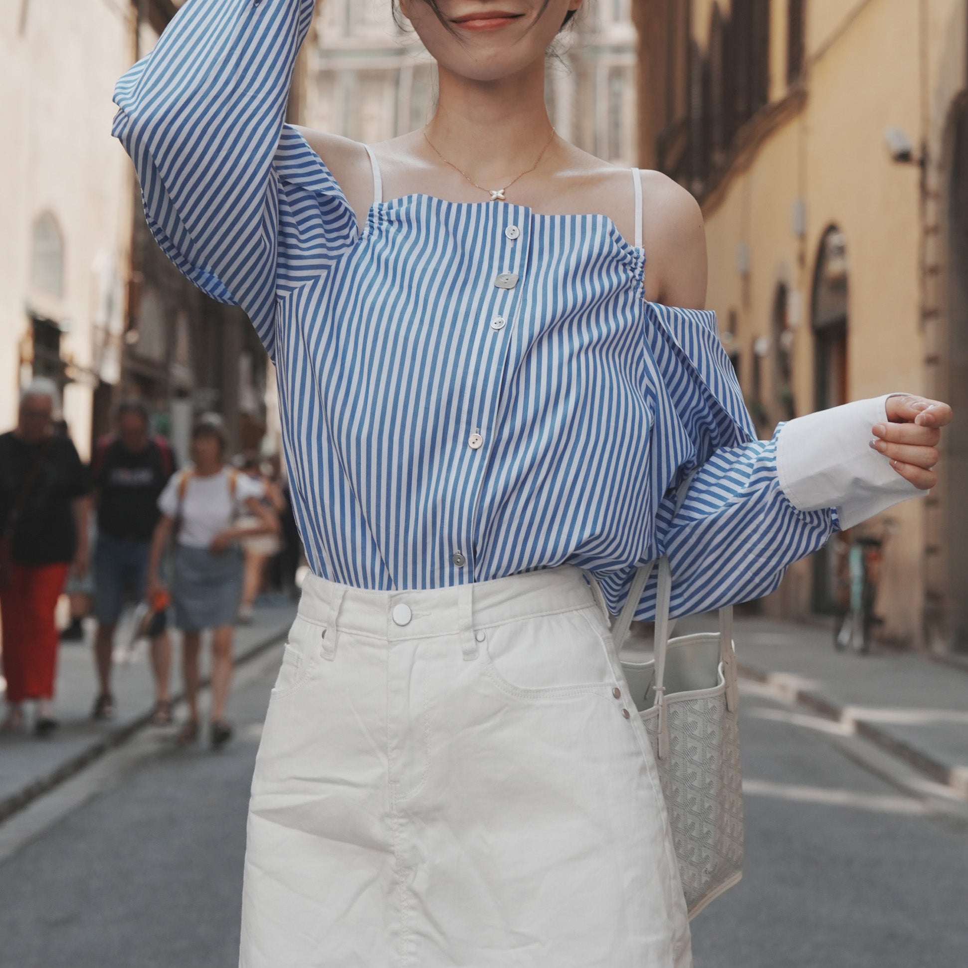 Blue-White Stripe Halter Shoulder Shirt