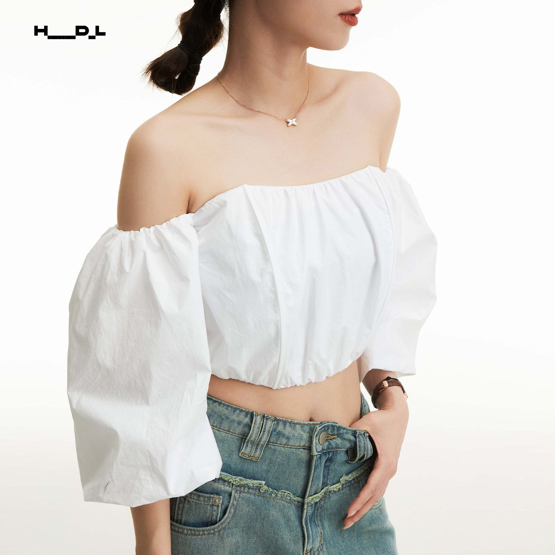 One-Shoulder Gathered Cropped Shirt
