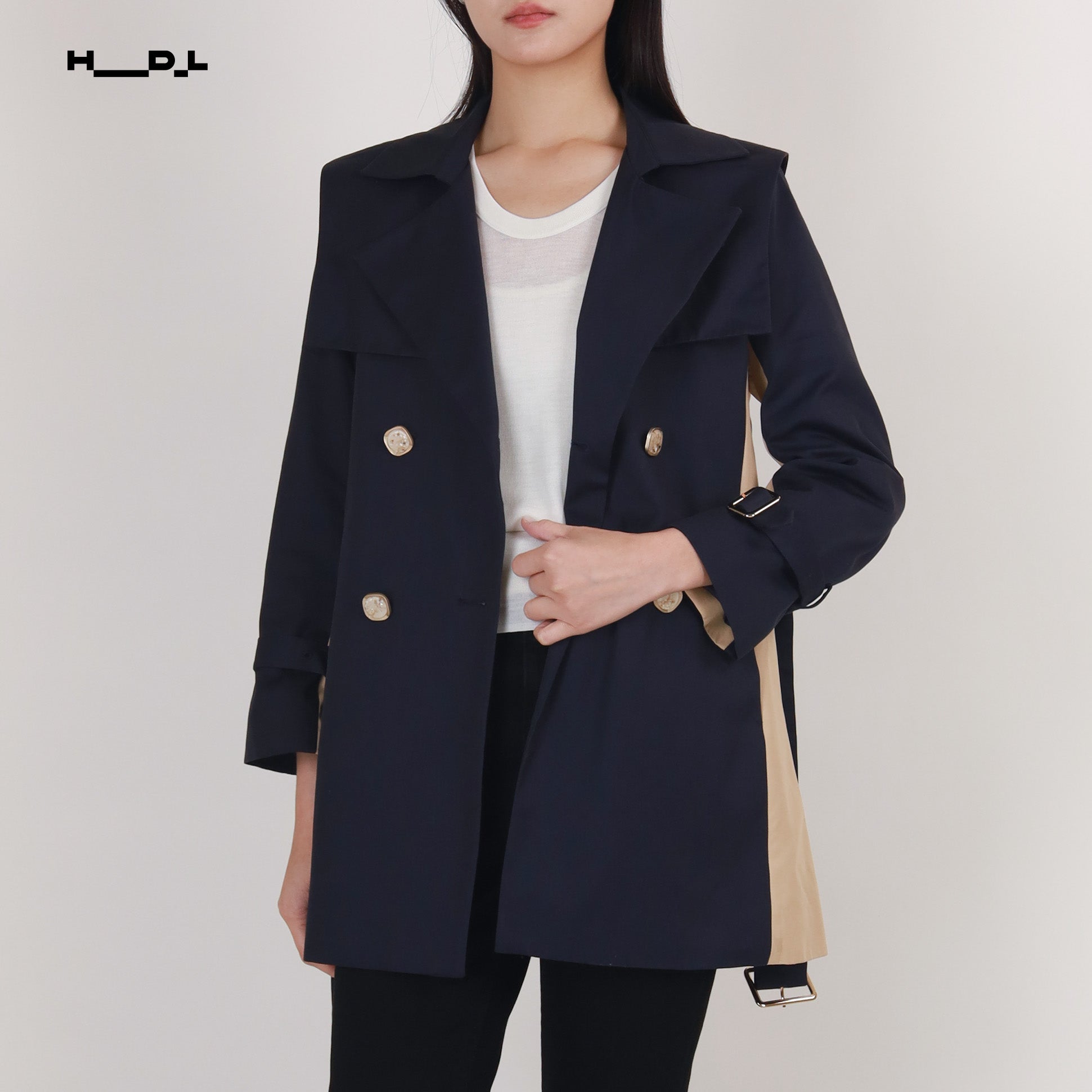 Navy Blue Color-Block Trench Jacket