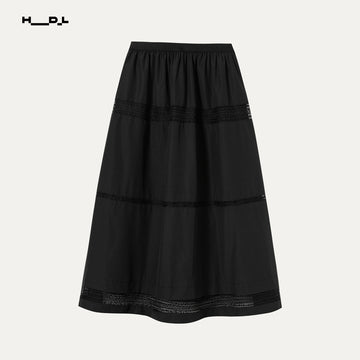 Lace Trim Tiered Midi Skirt