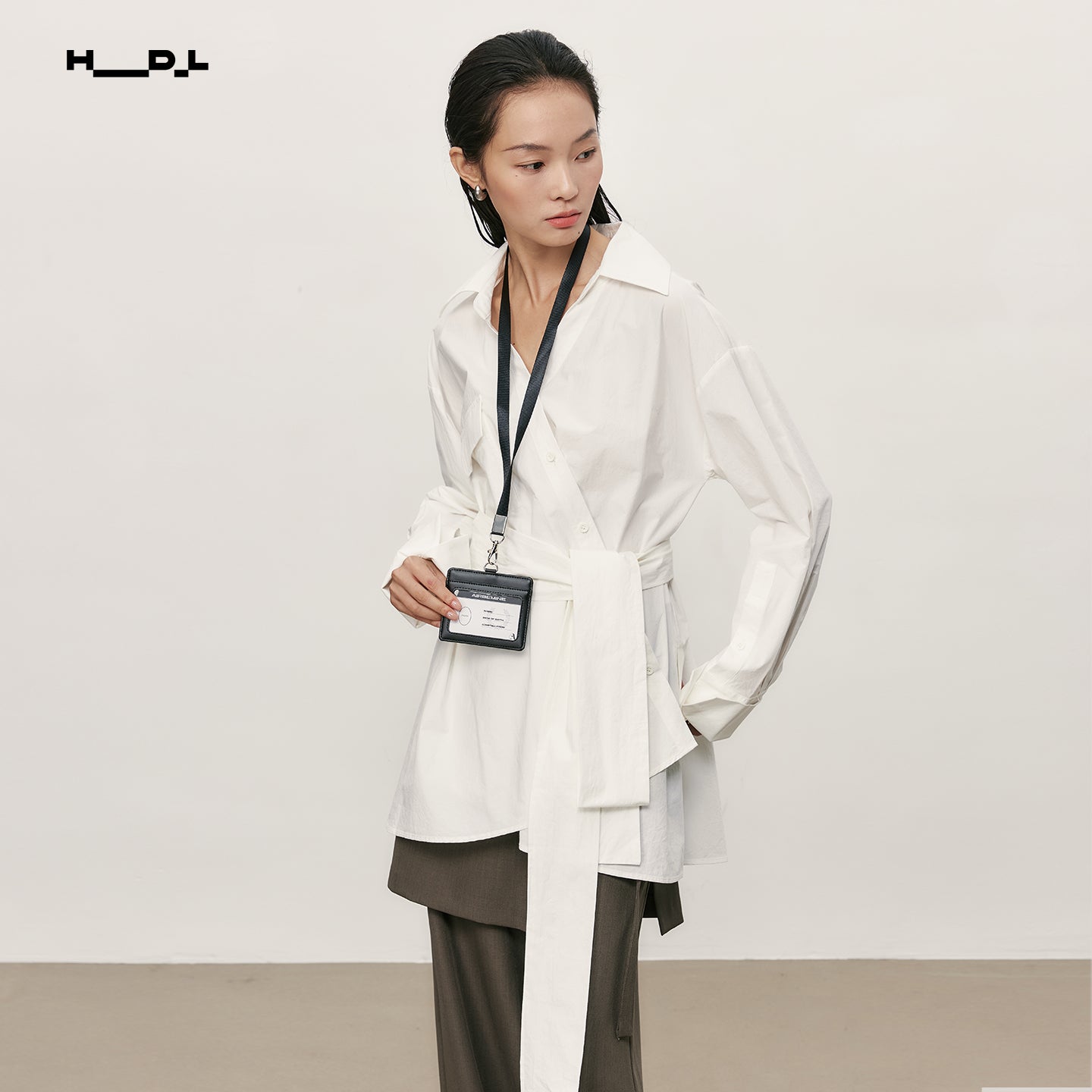 Asymmetric Placket Tie Belt White Shirt