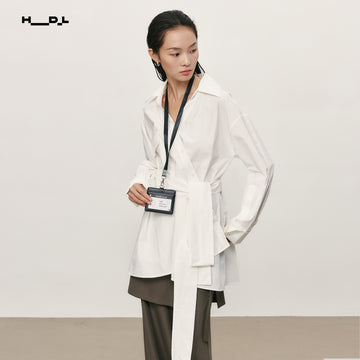 Asymmetric Placket Tie Belt White Shirt