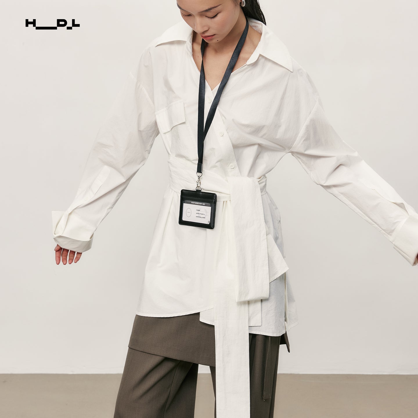 Asymmetric Placket Tie Belt White Shirt