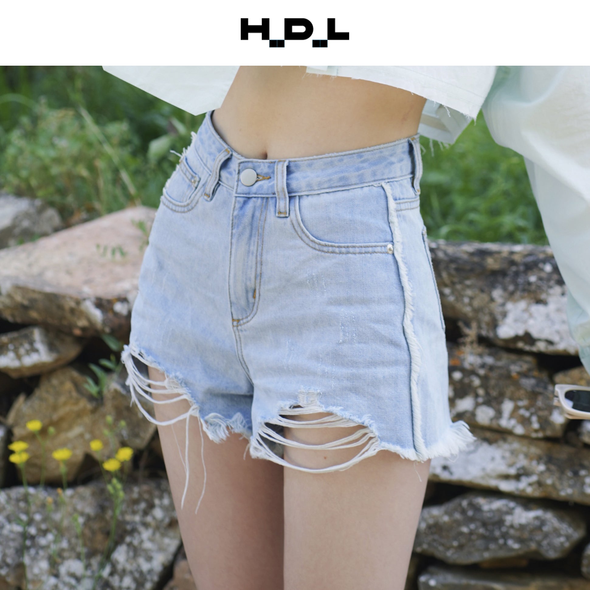 Ripped Low-Rise Denim Shorts
