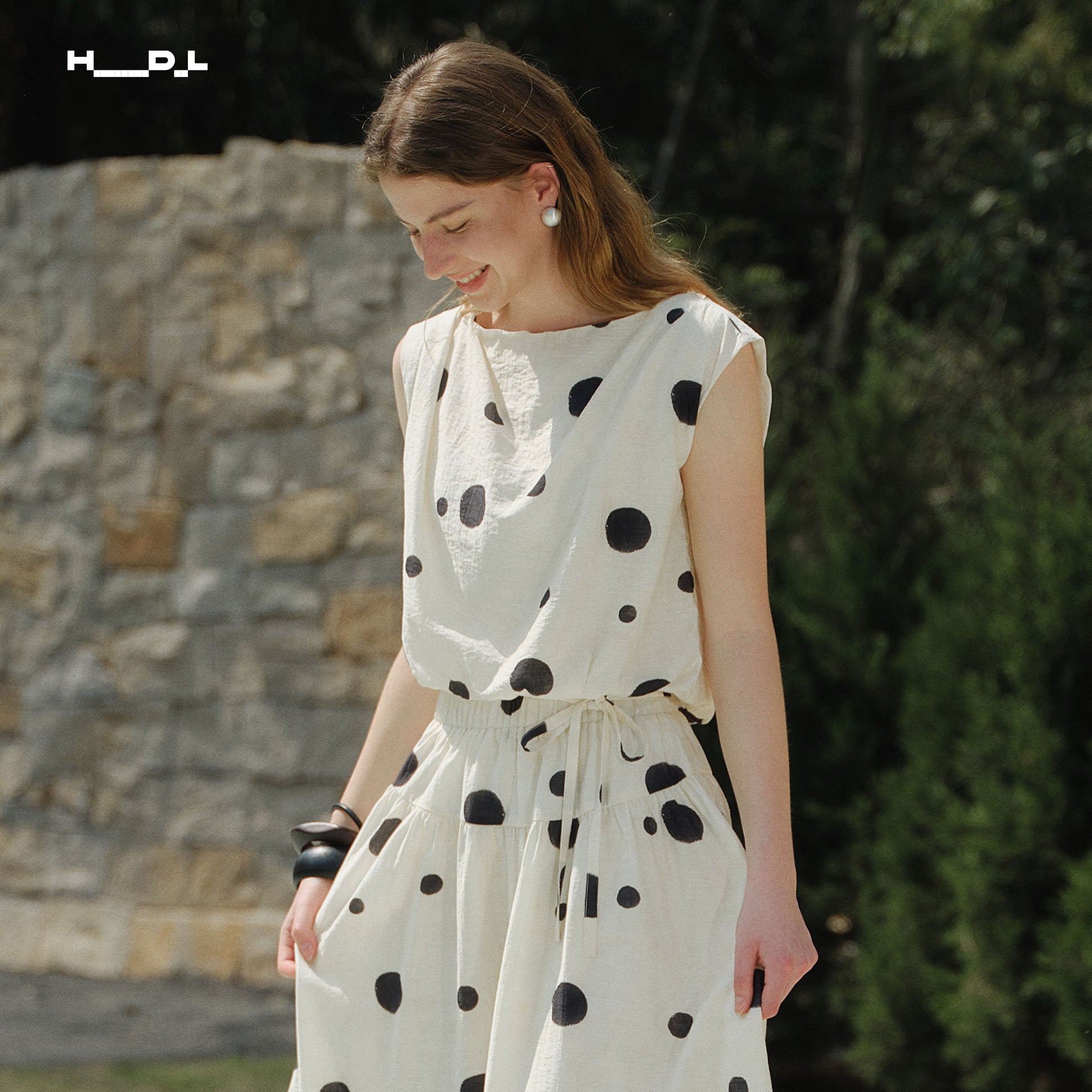 French Artistic Polka Dot Linen-Feel Blouse