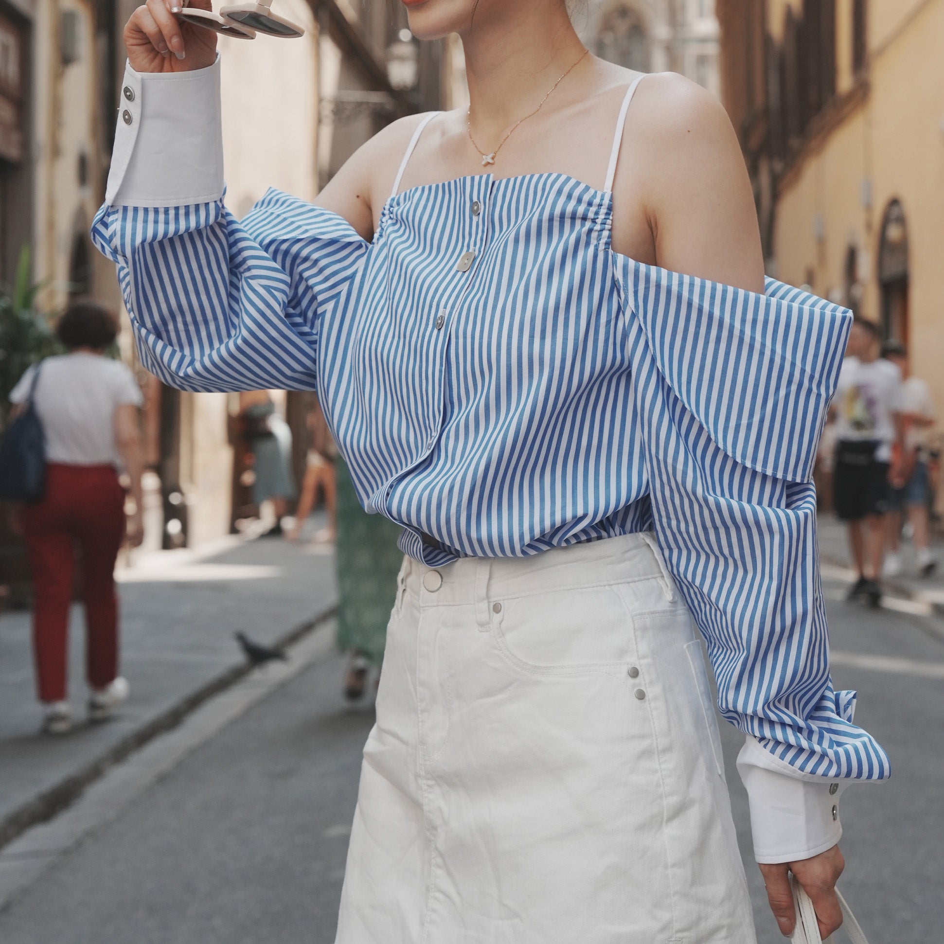 Blue-White Stripe Halter Shoulder Shirt