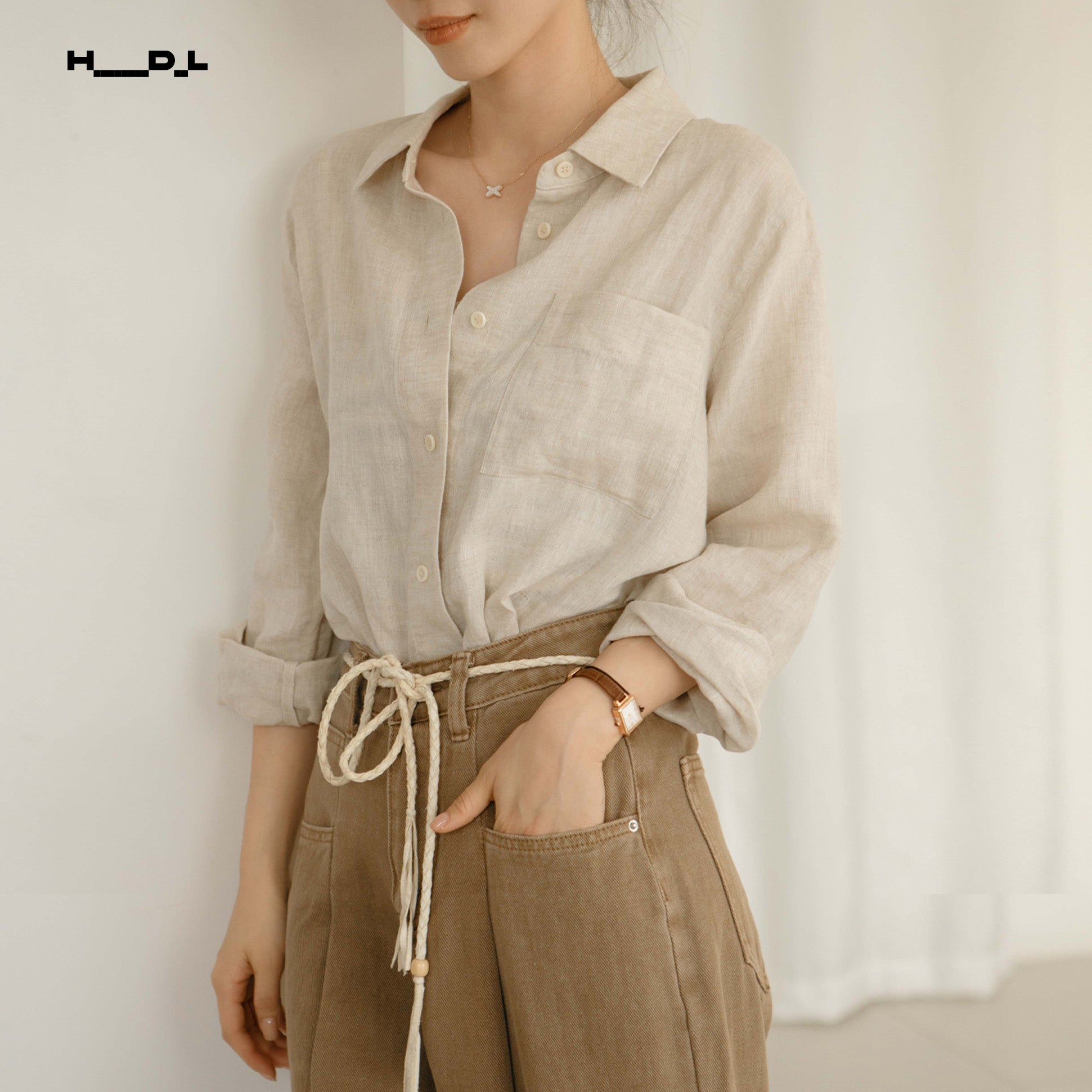 Lapel Collar Cropped Linen Shirt