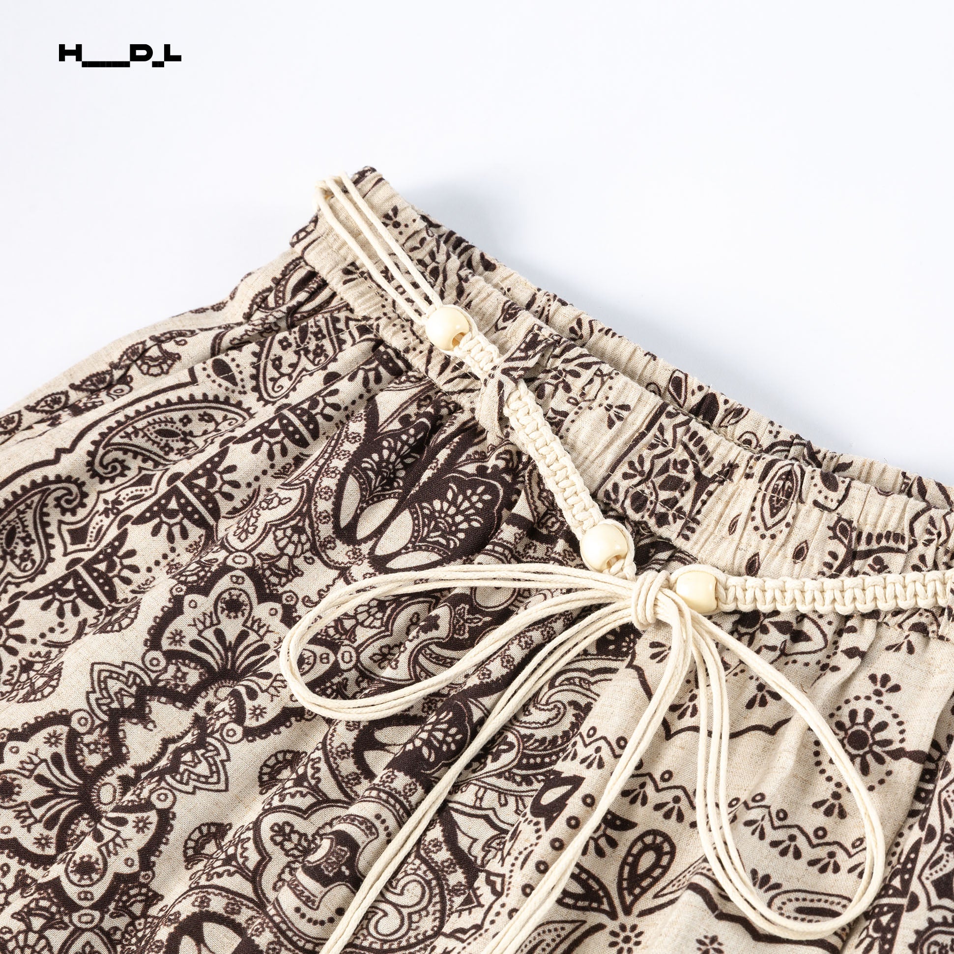 Loose Cotton-Linen Drawstring Print Pants
