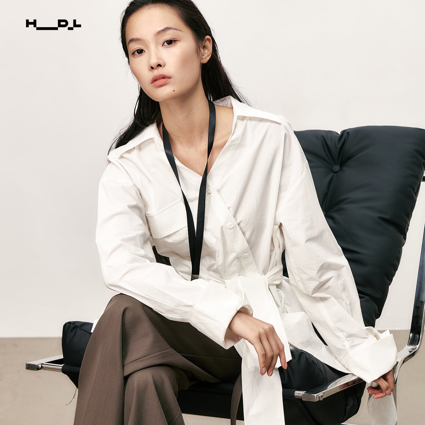 Asymmetric Placket Tie Belt White Shirt