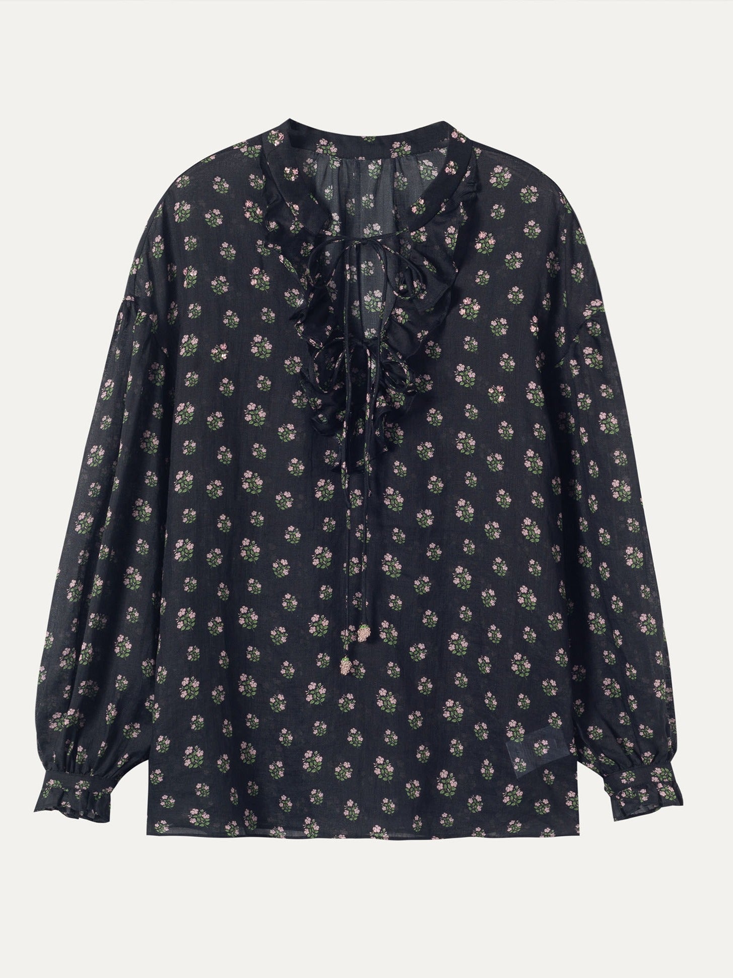 Ramie Tassel Blouse - 黑色印花