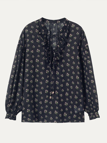 Ramie Tassel Blouse - 黑色印花