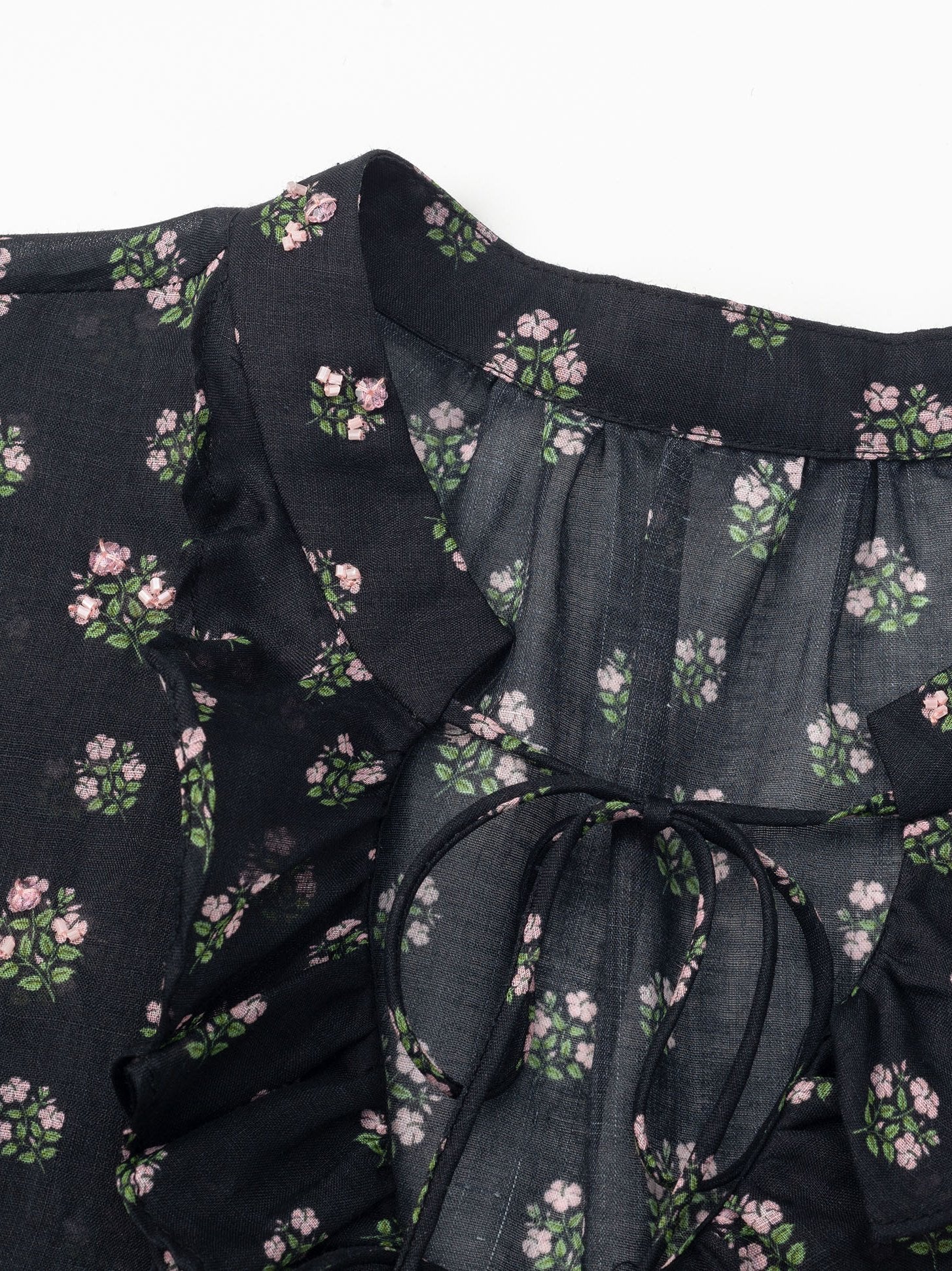 Ramie Tassel Blouse - 黑色印花