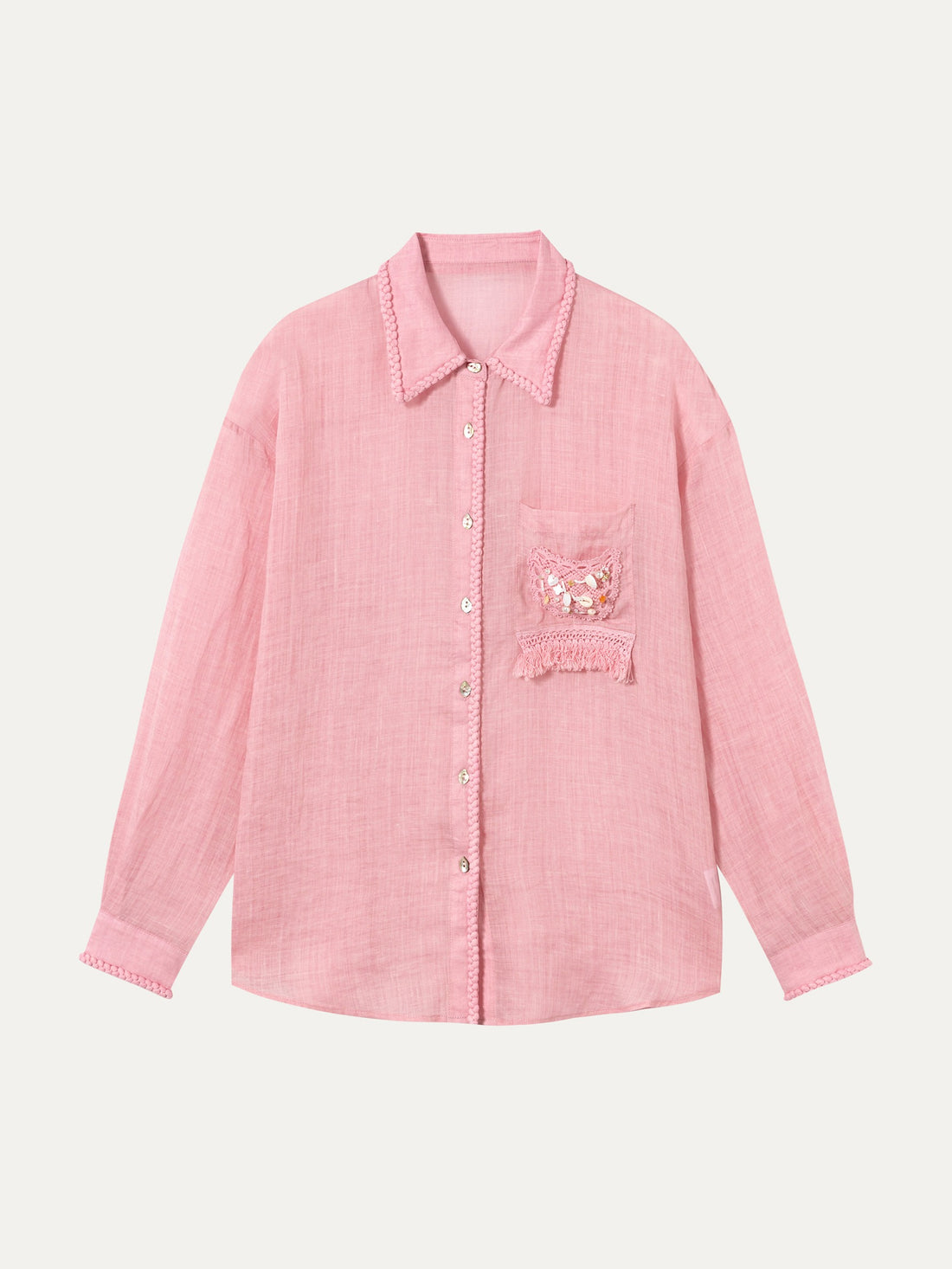 Ramie Lace-Trim Shirt - 粉色